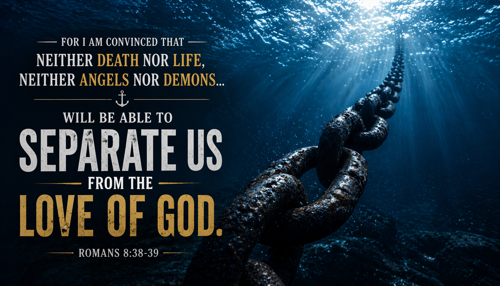 Romans 8:38-39 Bible verse wallpaper anchor chain deep blue ocean underwater sunlight bold text nothing can separate love of God